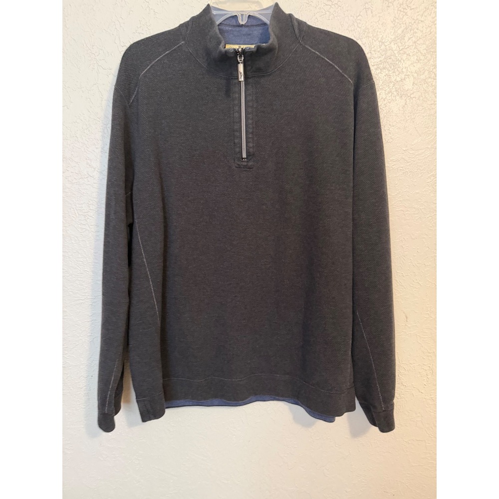 Tommy Bahama Mens Large Gray Cotton Textured Quarter Zip Pullover Sweater